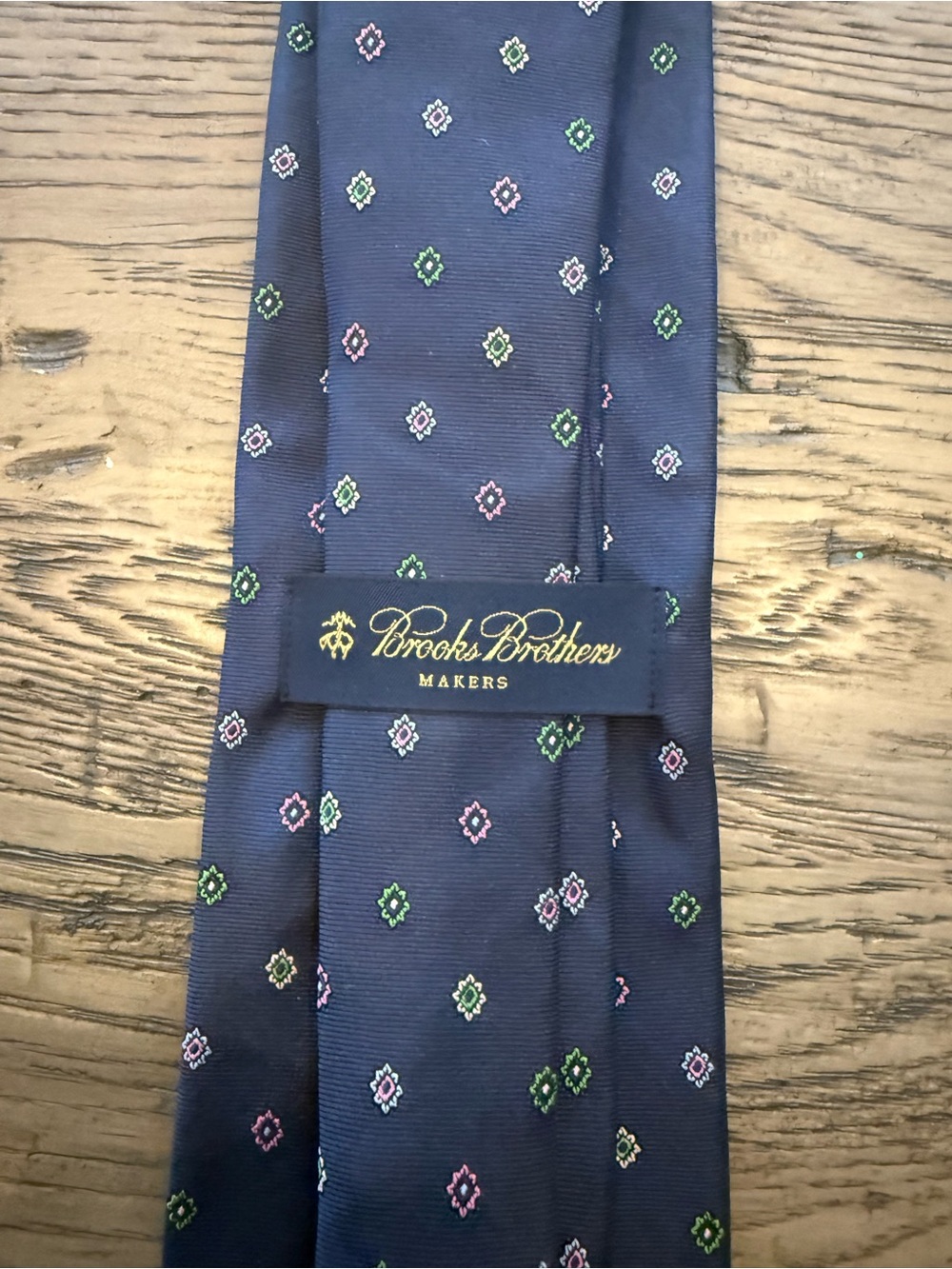 Brooks Brothers Navy Silk Tie with Green and Pink Medallions